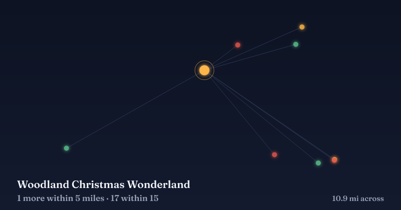 Map of Woodland Christmas Wonderland and the 17 other Christmas light displays within 15 miles