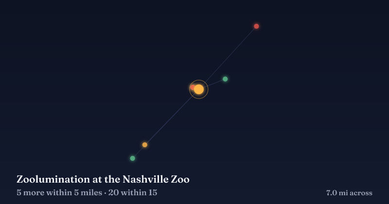Map of Zoolumination at the Nashville Zoo and the 20 other Christmas light displays within 15 miles